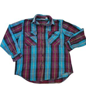VTG Mens Thick Plaid Flannel‎ Button Down Shirt Shacket Sz L Pink Teal Cotton